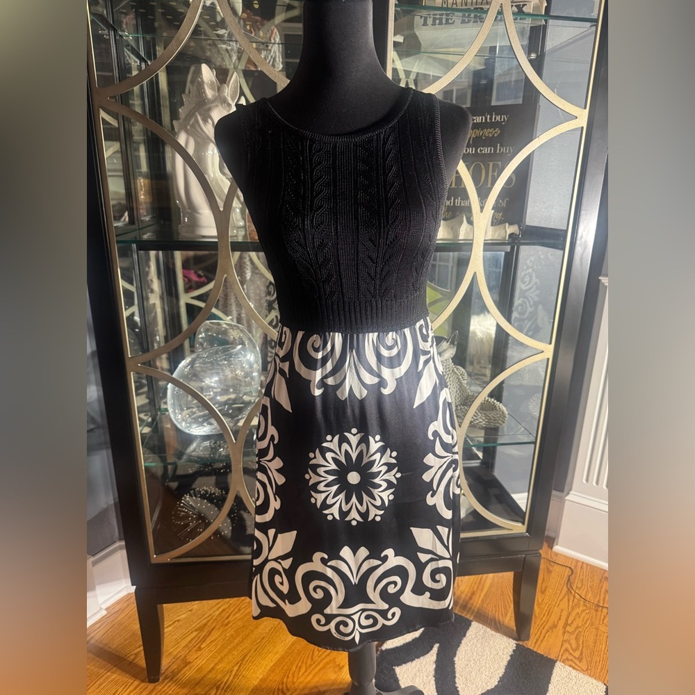 Bebe Black and White Sheath Knit and Silk Dress